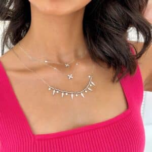 model wearing Butterfly Diamond Necklace and Diamond Shard Necklace